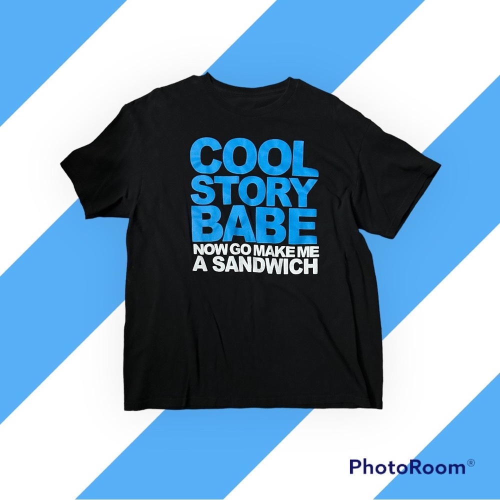 Men’s large black t-shirt with “Cool Story Babe” graphic, short sleeves